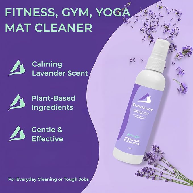 SwaytAway Travel Yoga Mat Cleaner Spray & Towel Kit, 4oz – Non Slip, No Rinse Plant-Based Lavender Essential Oil Mist for Gym, Pilates & Hot Yoga – Made in USA