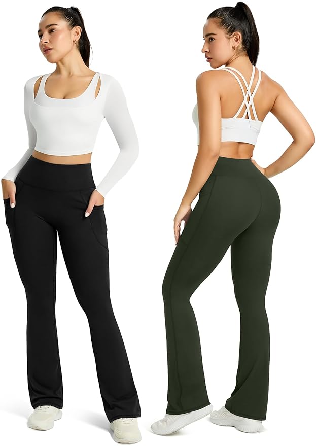Womens Flared Yoga Pants with Pockets, High Waisted Flare Leggings Bell Bottom Bootcut Yoga Dress Pants