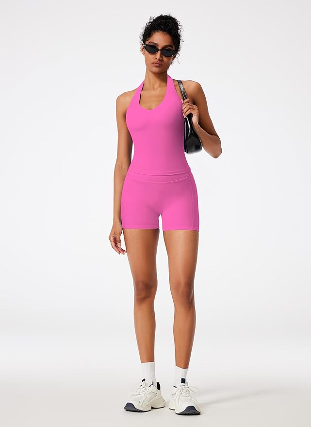 RXRXCOCO Halter Workout Sets for Women 2 Piece V Neck Tank Tops Hidden Scrunch Booty Shorts Gym Outfits with Pockets