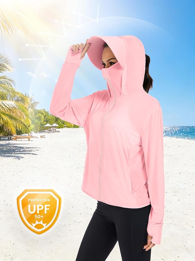VUTRU Women UPF 50+ Sun Protection Jacket Hoodie Lightweight Full Zip Pockets Running Shirts Long Sleeve for Hiking Outdoor