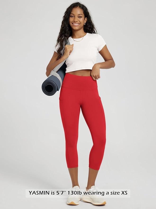 ODODOS Women's High Waisted Yoga Capris with Pockets, Tummy Control Non See Through Workout Athletic Running Capri Leggings