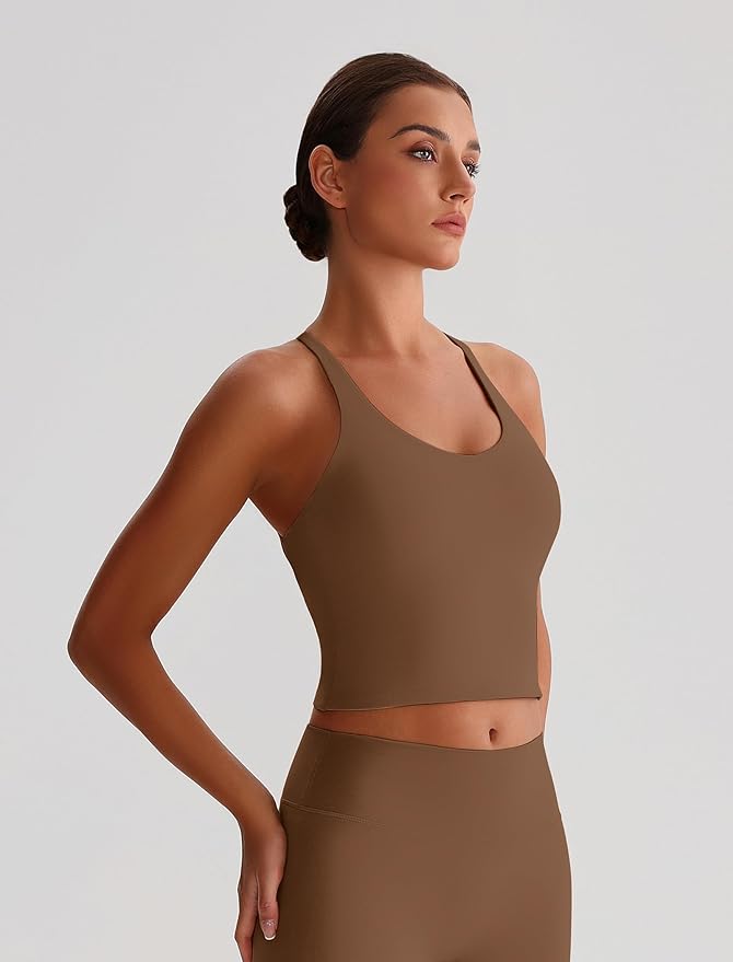 ABOCIW Womens Cross Back Workout Crop Tank with Built in Bra V Neck Longline Sports Bra Gym Shirt Yoga Pilates Top
