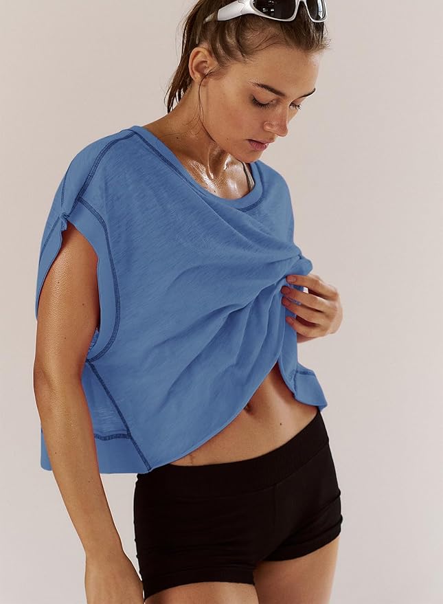 Kumufenc Women Short Sleeve Workout Shirts Open Back Tops Casual Yoga Y2k Athletic Gym Slouchy Crop Running Tees