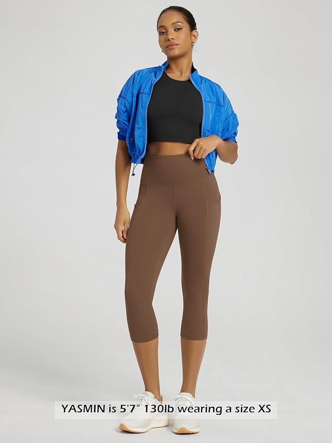 ODODOS Women's High Waisted Yoga Capris with Pockets, Tummy Control Non See Through Workout Athletic Running Capri Leggings