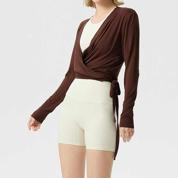 Yoga outfit with feminine temperament, cross V-neck, slimming effect, pleated waist, slim fit, sports long sleeved outfit