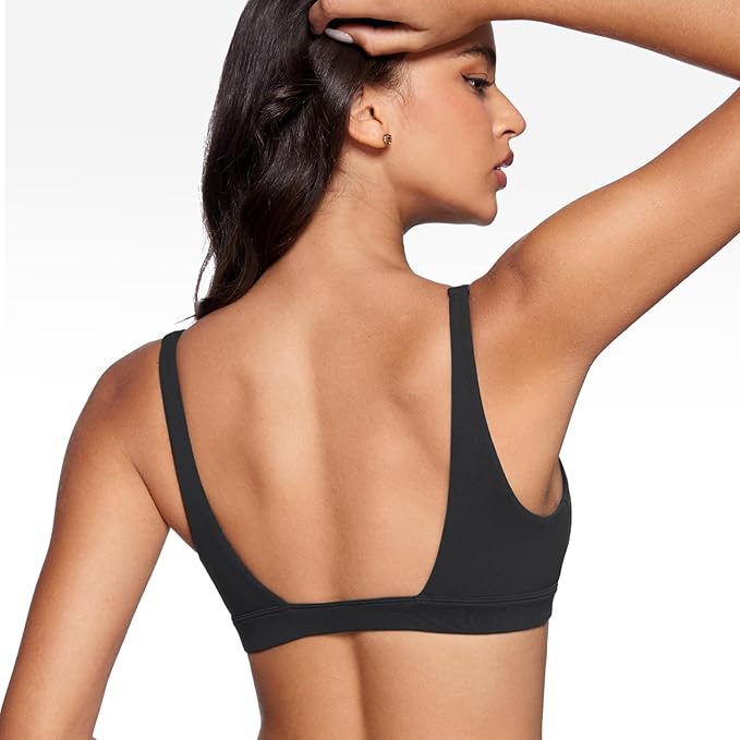 INGIA Womens Deep V-Neck Sports Bra Padded Low Impact Fitness Yoga Bra U Back Wireless Workout Bra Contour Crop Top