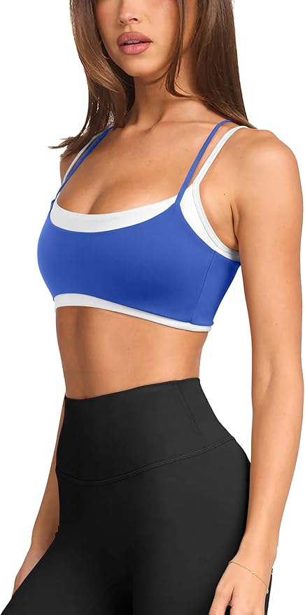 LASLULU Womens Double Layered Sports Bra Adjustable Spaghetti Straps Sexy Scoop Neck Wireless Padded Workout Yoga Crop Tops