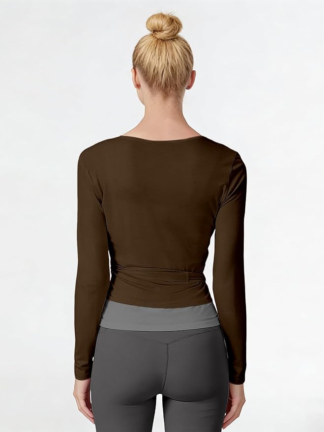 Women Pilates Wrap Top Ballet Tie Workout Shirt Long Sleeve Cross Sexy Deep V Neck Yoga Coquette Blouses Y2k Active Gym