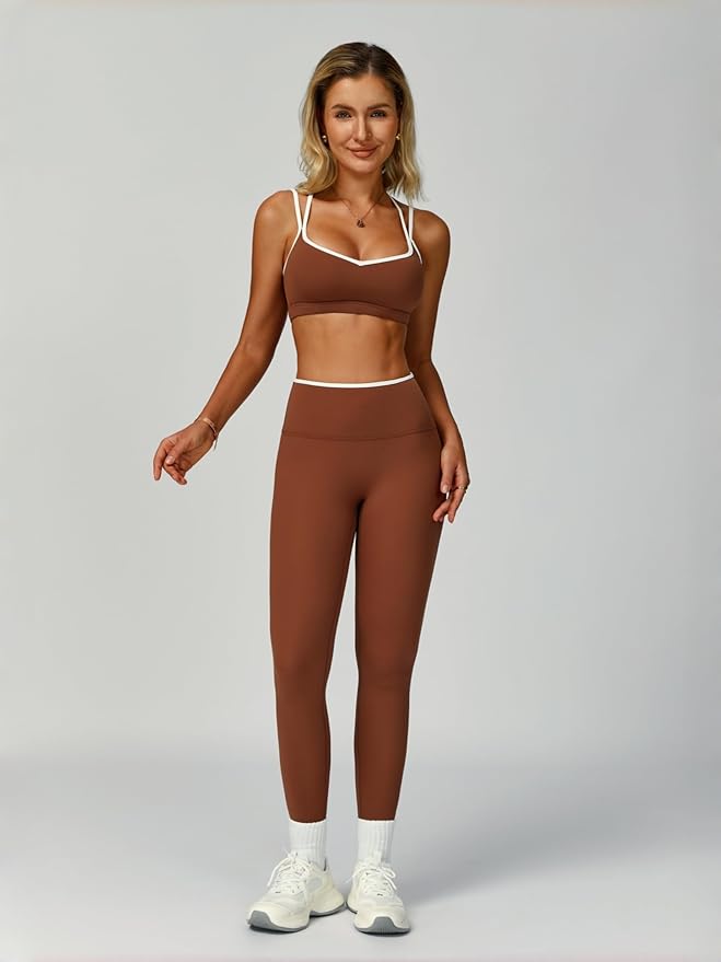 ABOCIW Two Piece Workout Sets for Women Color Block Strappy Sports Bra High Waist Leggings Yoga Pilates Outfits