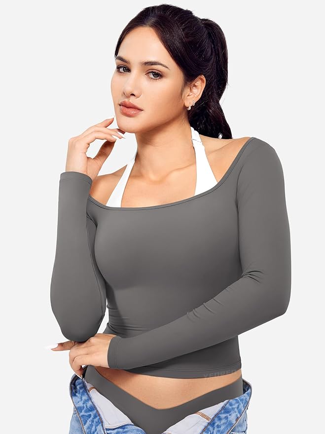 YEOREO Long Sleeve Workout Tops for Women Square Neck Slim Fitted Double Lined Compression Shirt Basic Casual Gym Yoga Tops