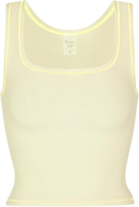 Danysu Women Rib Tank Top Padded Workout Top Square Neck Crop Tank Fitted Basic Cami Tops