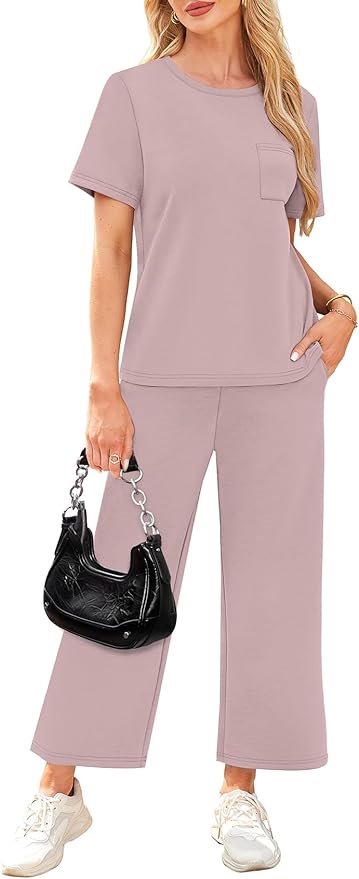WIHOLL 2 Piece Sets for Women Casual Summer Travel Vacation Outfits Short Sleeve Wide Leg Crop Pants Lounge Sets