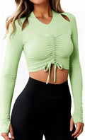 Fisoew Womens Long Sleeve Ruched Tops Workout Slim Fit Cropped Drawstring Shirts Gym Yoga Outfits