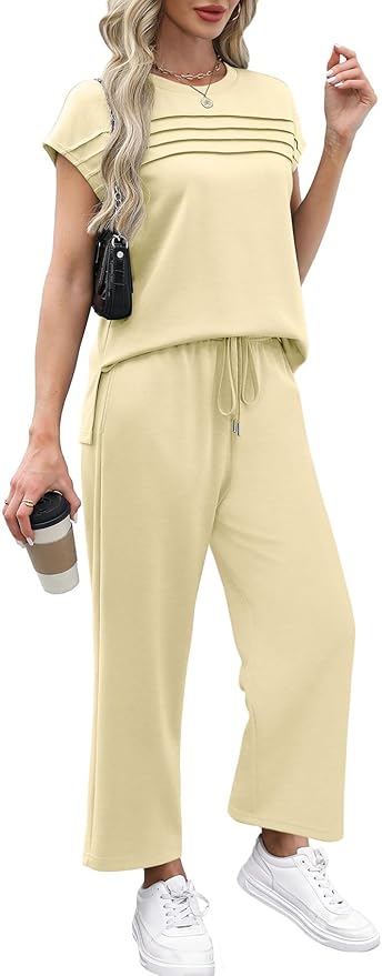 WIHOLL Two Piece Sets for Women Summer Spring Travel Vacation Outfits Cap Sleeve Lounge Matching Sets Wide Leg Pants S-3XL
