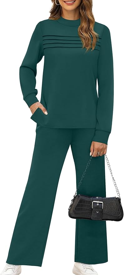 WIHOLL Two Piece Sets for Women Spring Travel Vacation Outfits 2026 Long Sleeve Lounge Sets Side Slit Wide Leg Pants S-3XL