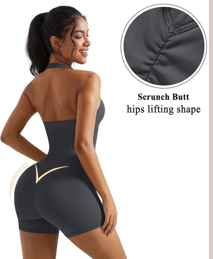 OMKAGI 2 Piece Workout Sets for Women Halter Sports Bra Tank Gym Biker Shorts Outfits