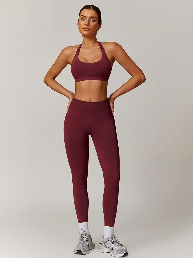 ABOCIW Workout Sets for Women Seamless Scunch Butt Lifting Impact Leggings Halter Sports Bra 2 Piece Gym Outfits