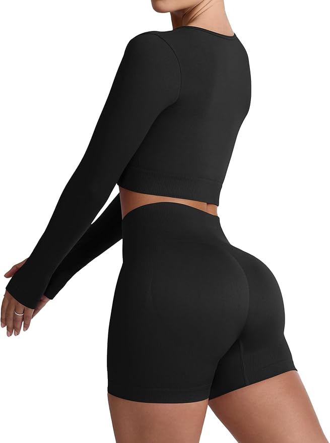 Two Piece Workout Set for Women Long Sleeve Top Matching High Waist Scrunch Butt Shorts Gym Sets Yoga Outfits Sets