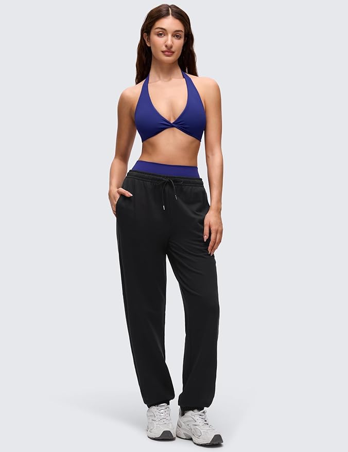 CRZ YOGA Butterluxe Double Lined Twist Halter Sports Bras for Women - Deep V Neck Crop Top Casual Open Back Non Padded