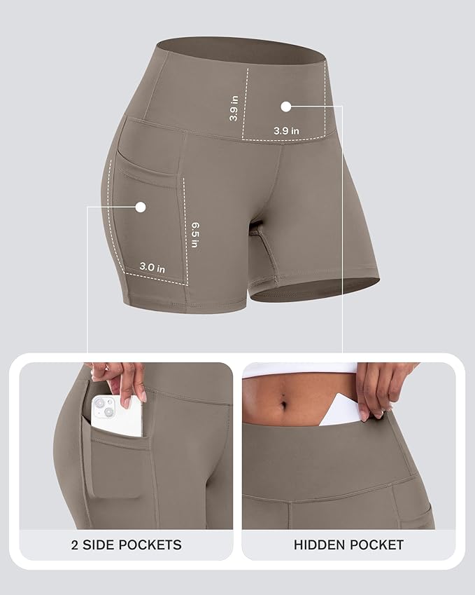 CHRLEISURE Womens Biker Yoga Shorts with Pocket, High Waisted Tummy Control 5 Inch Workout Spandex Athletic Gym Shorts