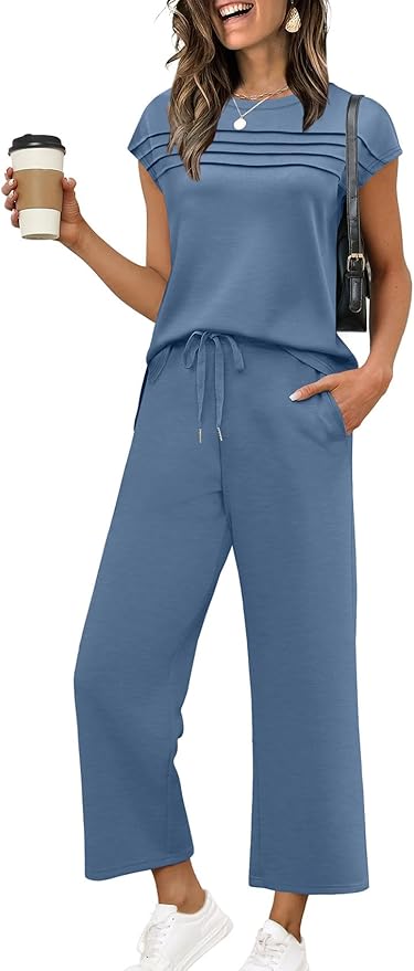 WIHOLL Two Piece Sets for Women Summer Spring Travel Vacation Outfits Cap Sleeve Lounge Matching Sets Wide Leg Pants S-3XL
