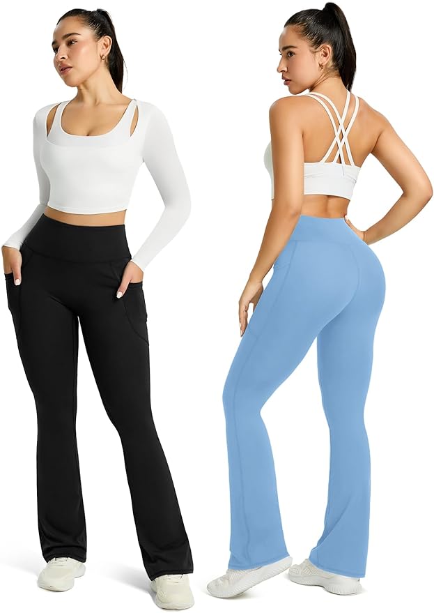 Womens Flared Yoga Pants with Pockets, High Waisted Flare Leggings Bell Bottom Bootcut Yoga Dress Pants