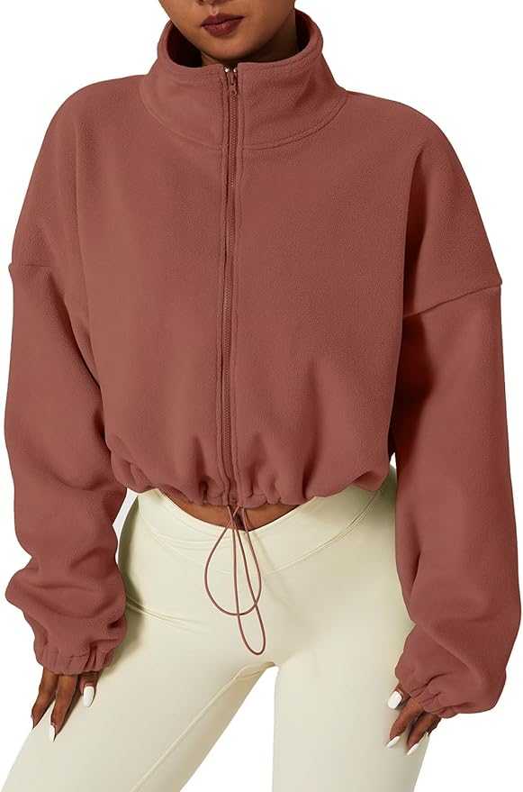 QINSEN Women's Full Zip Fleece Short Jacket Warm Winter Long Sleeve Stand Collar Sherpa Crop Coat