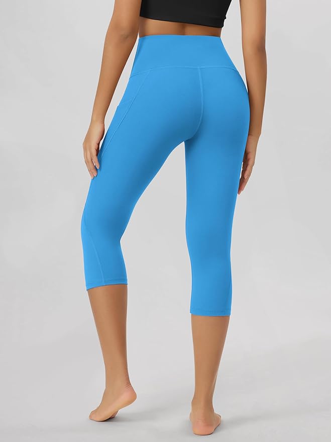 ODODOS Women's High Waisted Yoga Capris with Pockets, Tummy Control Non See Through Workout Athletic Running Capri Leggings