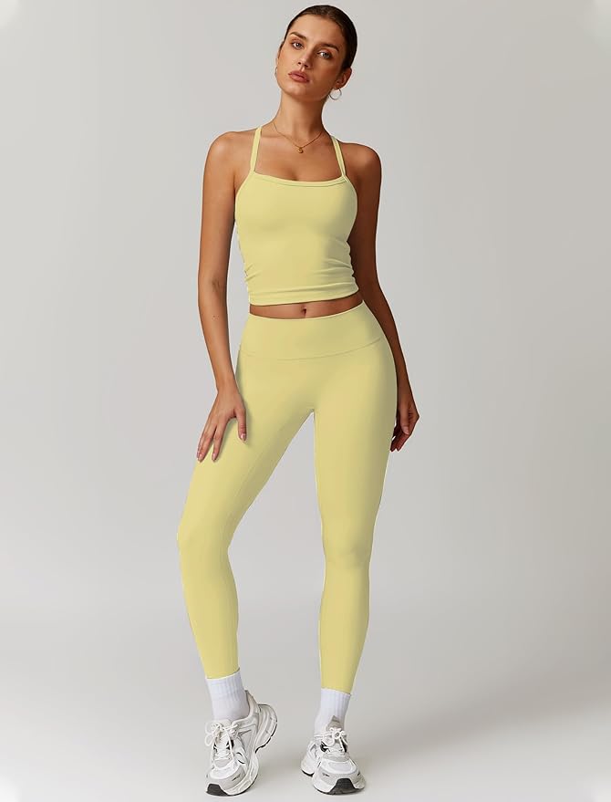 QBGJTD Womens Workout Sets Two Piece Cross Back Tank Top Matching High Waist Leggings Sets Gym Outfits Work Out Clothes