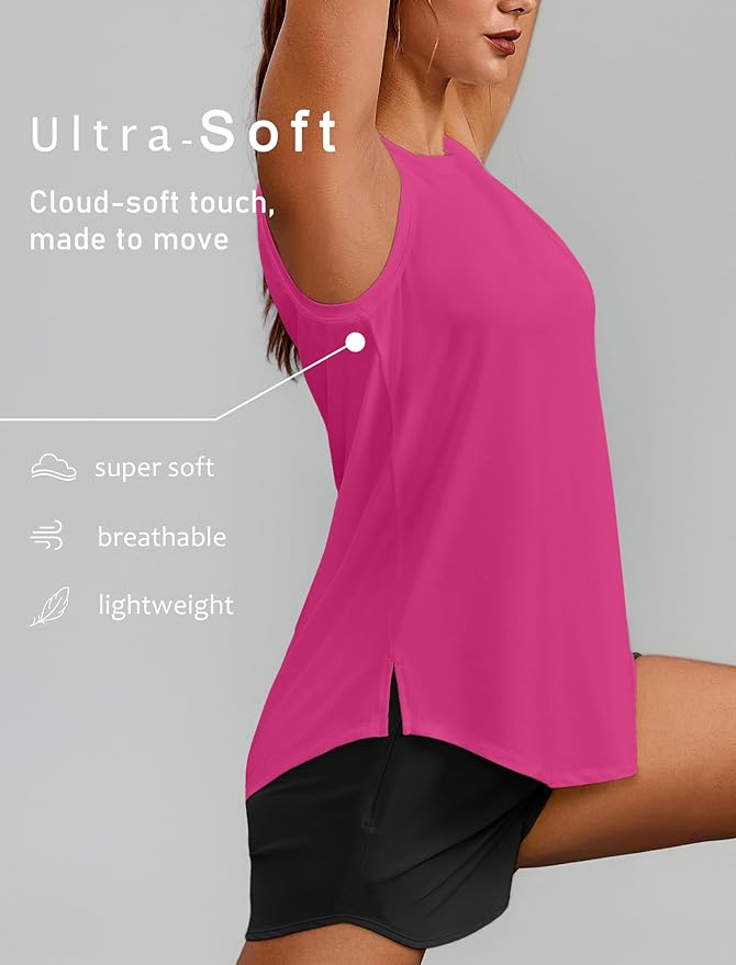 PINSPARK Workout Tops for Women Sleeveless Athletic Tank Tops UPF 50+ Running Tanks with Side Slits Loose Fit Gym Yoga Shirt