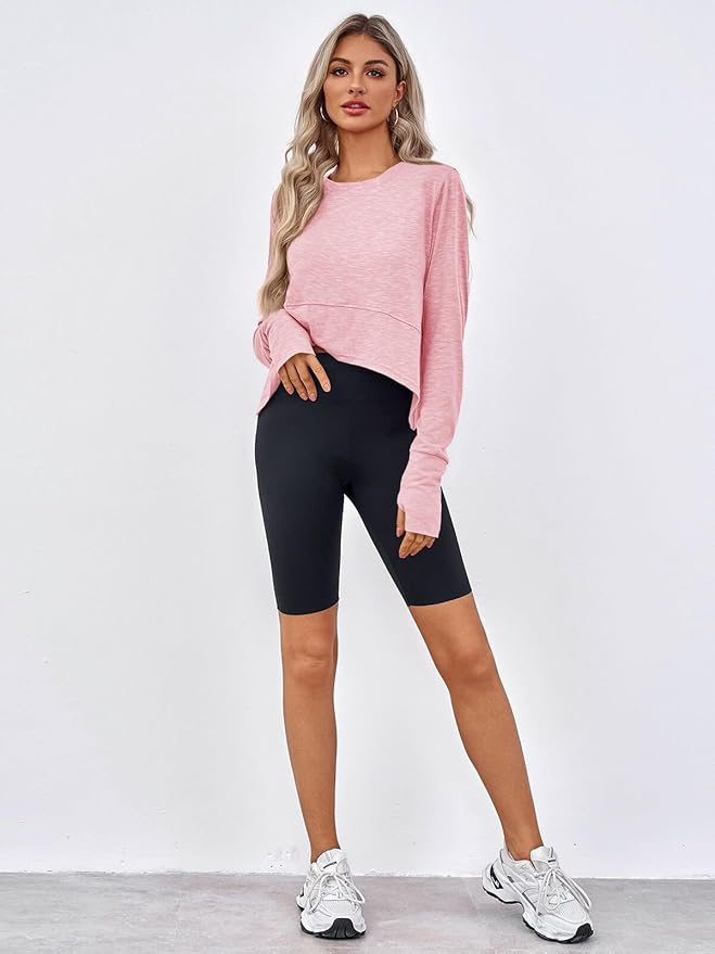 Aurgelmir Womens Long Sleeve Cropped Tops Loose Workout Athletic T-Shirts Flowy Sweatshirt for Yoga Tiered Hem Gym Tees