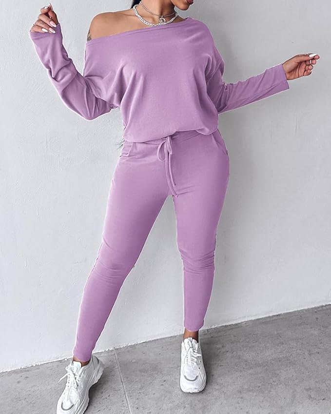 CHICME Women Tracksuit Fall 2 piece Outfits Off The Shoulder Long Sleeve Tops and Pants Set Travel Outfits