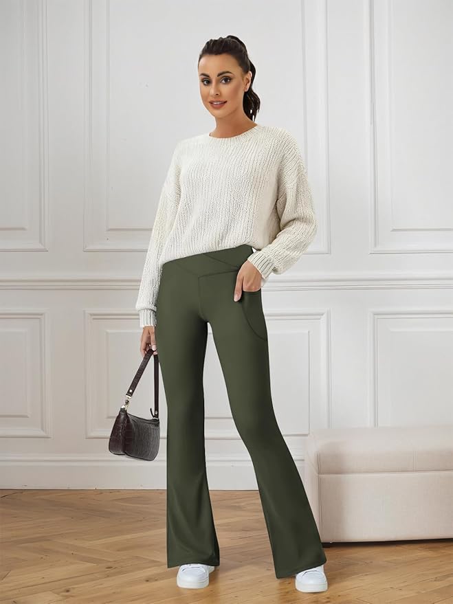 COPYLEAF Women's Flare Yoga Pants with Pockets V Crossover High Waisted Bootcut Yoga Leggings-Flare Workout Gym Leggings