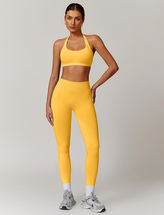 ABOCIW Workout Sets for Women Seamless Scunch Butt Lifting Impact Leggings Halter Sports Bra 2 Piece Gym Outfits