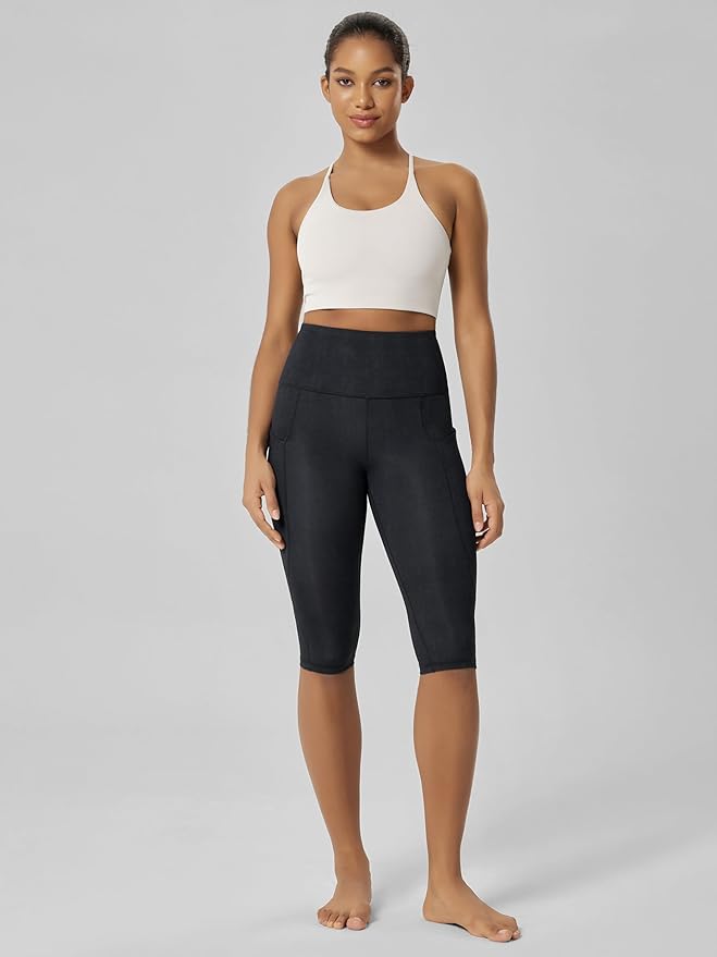 ODODOS Women's High Waisted Yoga Capris with Pockets, Tummy Control Non See Through Workout Athletic Running Capri Leggings