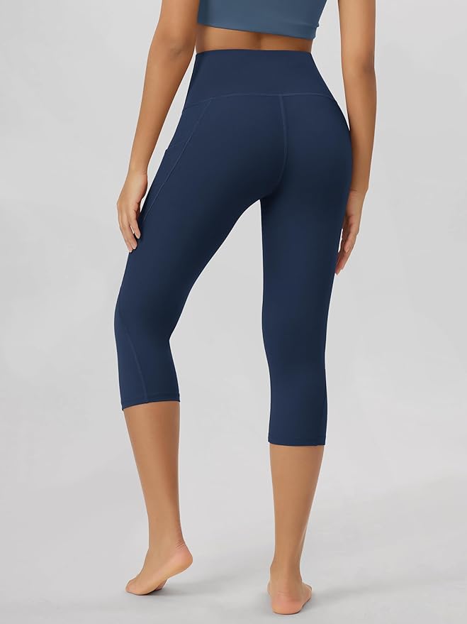 ODODOS Women's High Waisted Yoga Capris with Pockets, Tummy Control Non See Through Workout Athletic Running Capri Leggings