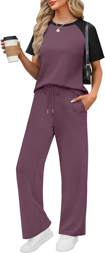 WIHOLL 2 Piece Sets for Women Resort Wear Travel Vacation Outfits Summer Short Sleeve Lounge Sets
