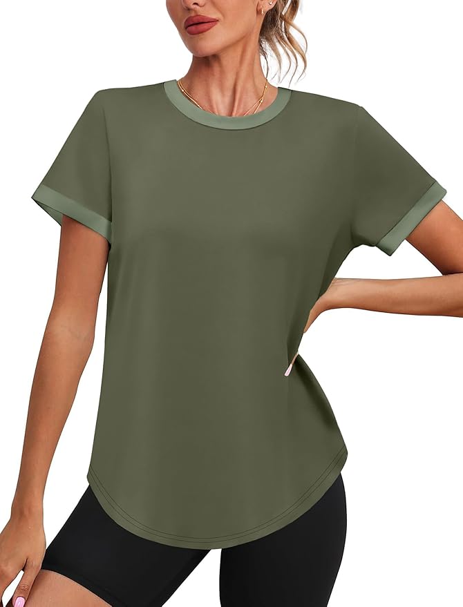 Womens Workout Tops Summer Short Sleeve Shirts Athletic Color Block Gym Clothes Outfits Sun Protection UPF 50+ T Shirts