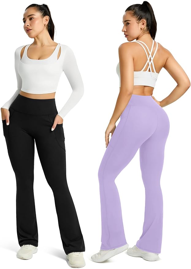 Womens Flared Yoga Pants with Pockets, High Waisted Flare Leggings Bell Bottom Bootcut Yoga Dress Pants