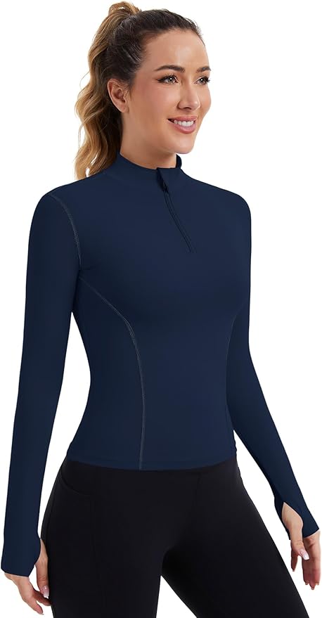 ZHENWEI Womens Workout Tops Long Sleeve Quarter Zip Pullover Quick Dry Golf Shirt Athletic Slim Fit Crop Yoga Gym Tops