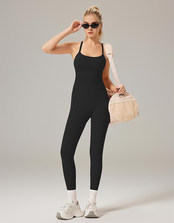 RXRXCOCO Cross Back Workout Sets for Women 2 Piece Padded Tank Tops Hidden Scrunch Leggings Gym Outfits with Pockets