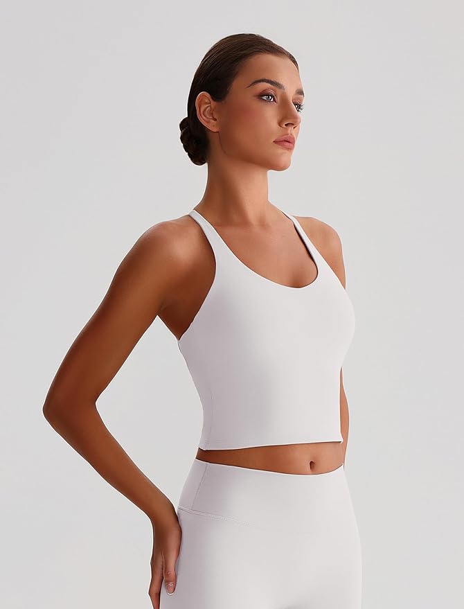 ABOCIW Womens Cross Back Workout Crop Tank with Built in Bra V Neck Longline Sports Bra Gym Shirt Yoga Pilates Top