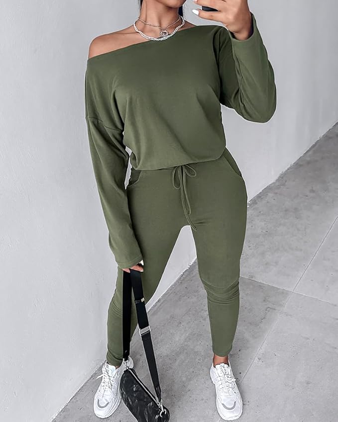 CHICME Women Tracksuit Fall 2 piece Outfits Off The Shoulder Long Sleeve Tops and Pants Set Travel Outfits