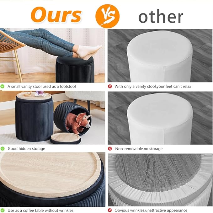BLEXA Round Ottoman with Storage Set of 2-Upholstered Velvet Vanity Stool for Makeup Multifunctional Ottomans Coffee Table Padded Seat Foot Rest for Living Room&Bedroom (Black-Upgrade Tray Lid)