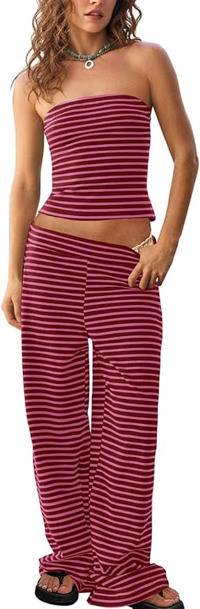Tankaneo Womens Striped 2 Piece Sets Summer Strapless Crop Tube Tops Wide Leg Pants Matching Lounge Set Vacation Outfits