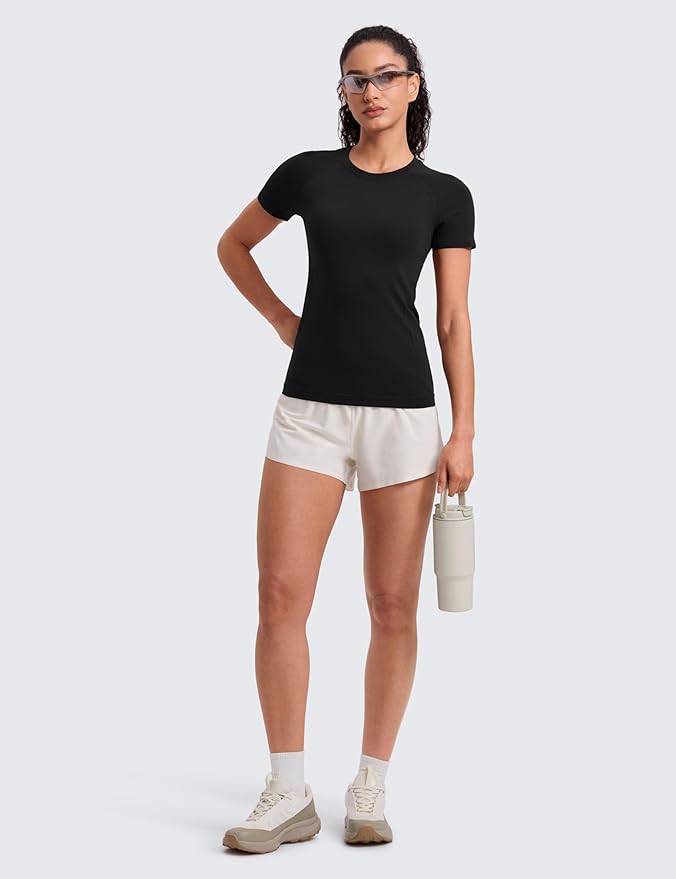 CRZ YOGA Seamless Workout Tops for Women Hip Length - Athletic Running Gym Yoga Short Sleeve Shirts Breathable Crewneck Tees