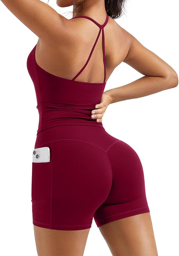 OMKAGI 2 Piece Workout Sets for Women Padded Sports Bra Tank Booty Gym Shorts with Pockets