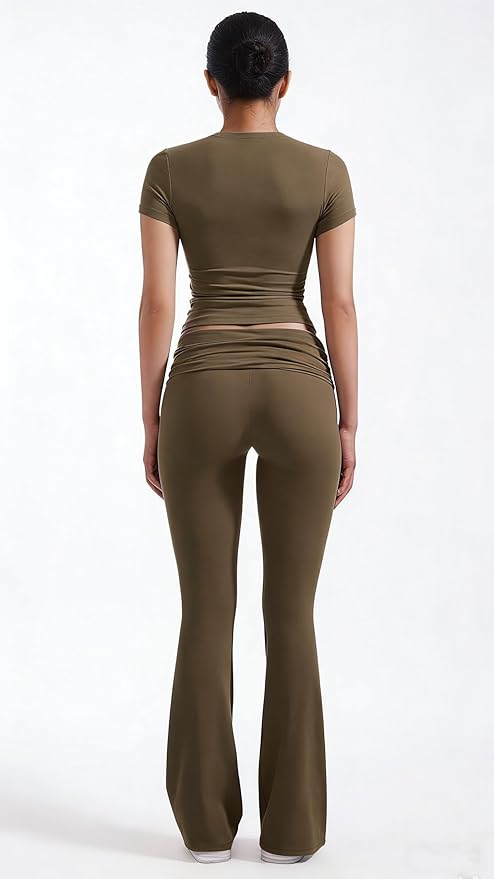 YETOWA Women's 2 Piece Lounge Outfits Slim Short Sleeve Tops Low Rise Flare Leggings Sets Yoga Sweatsuit