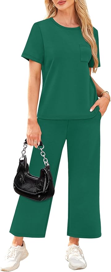 WIHOLL 2 Piece Sets for Women Casual Summer Travel Vacation Outfits Short Sleeve Wide Leg Crop Pants Lounge Sets