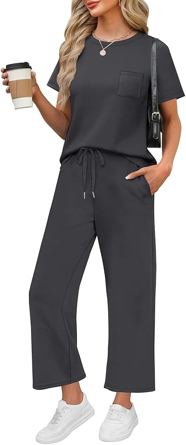 WIHOLL 2 Piece Sets for Women Casual Summer Travel Vacation Outfits Short Sleeve Wide Leg Crop Pants Lounge Sets